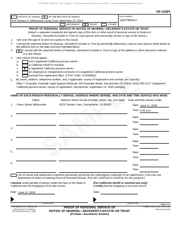 Form DE-120(P) proof of personal service, filled in