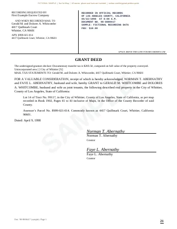 Fictional 1998 grant deed with recorder header