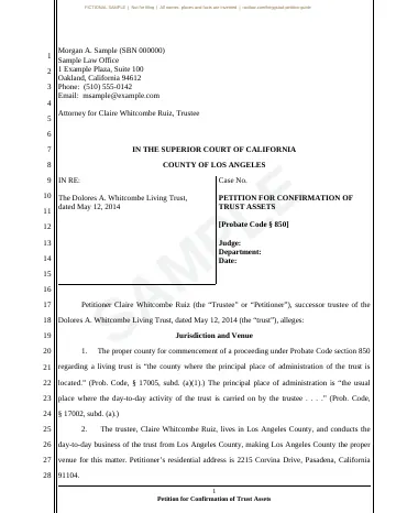 First page of the Sample 1 petition on pleading paper
